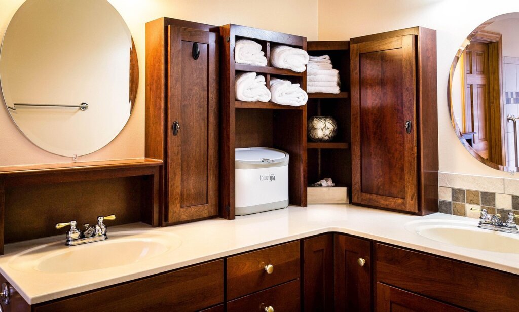 under sink cabinet with two tier shelf organizer