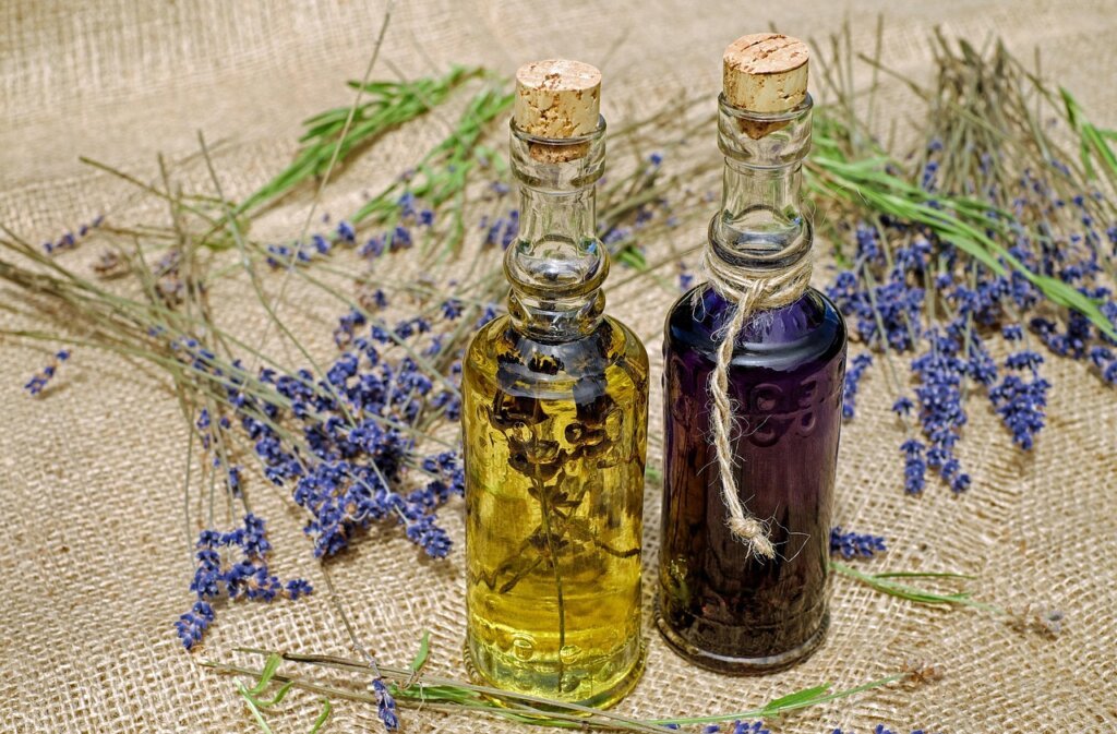 baking soda in a small bowl with lavender oil drops