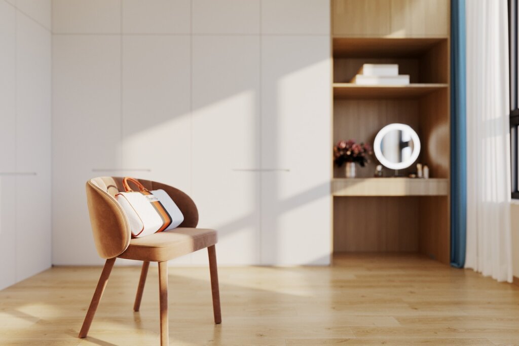 bedroom with matching wall and furniture tones in beige and white palette